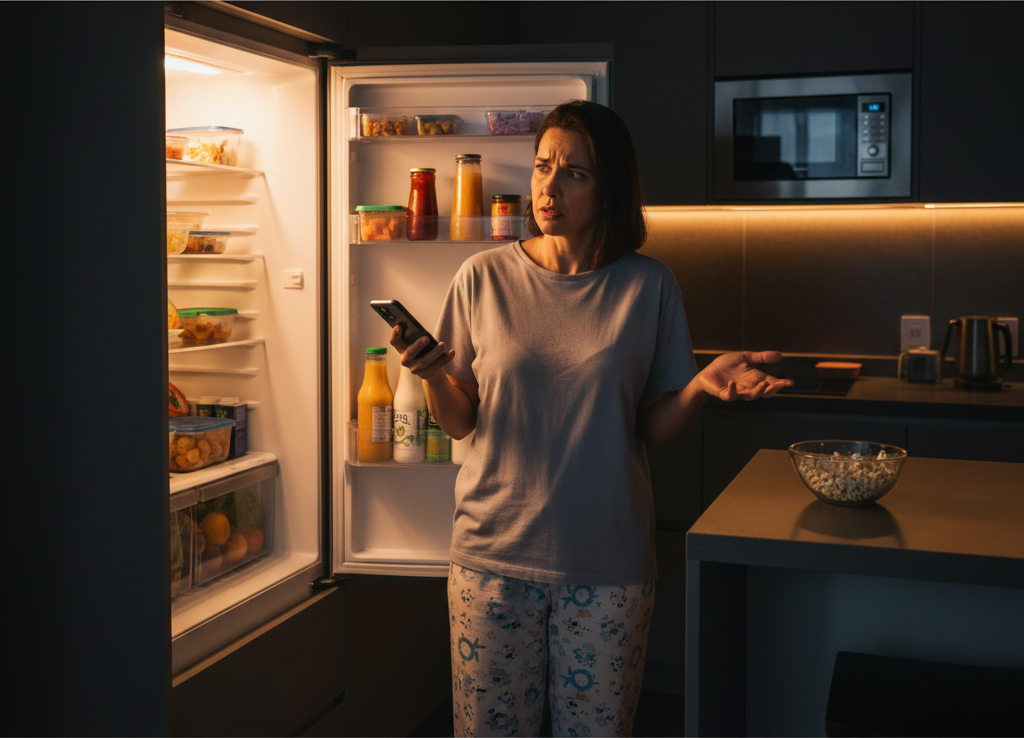Mulher confusa na geladeira